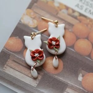 🆕️ Handmade Clay Elegant White and Red Cat Earrings